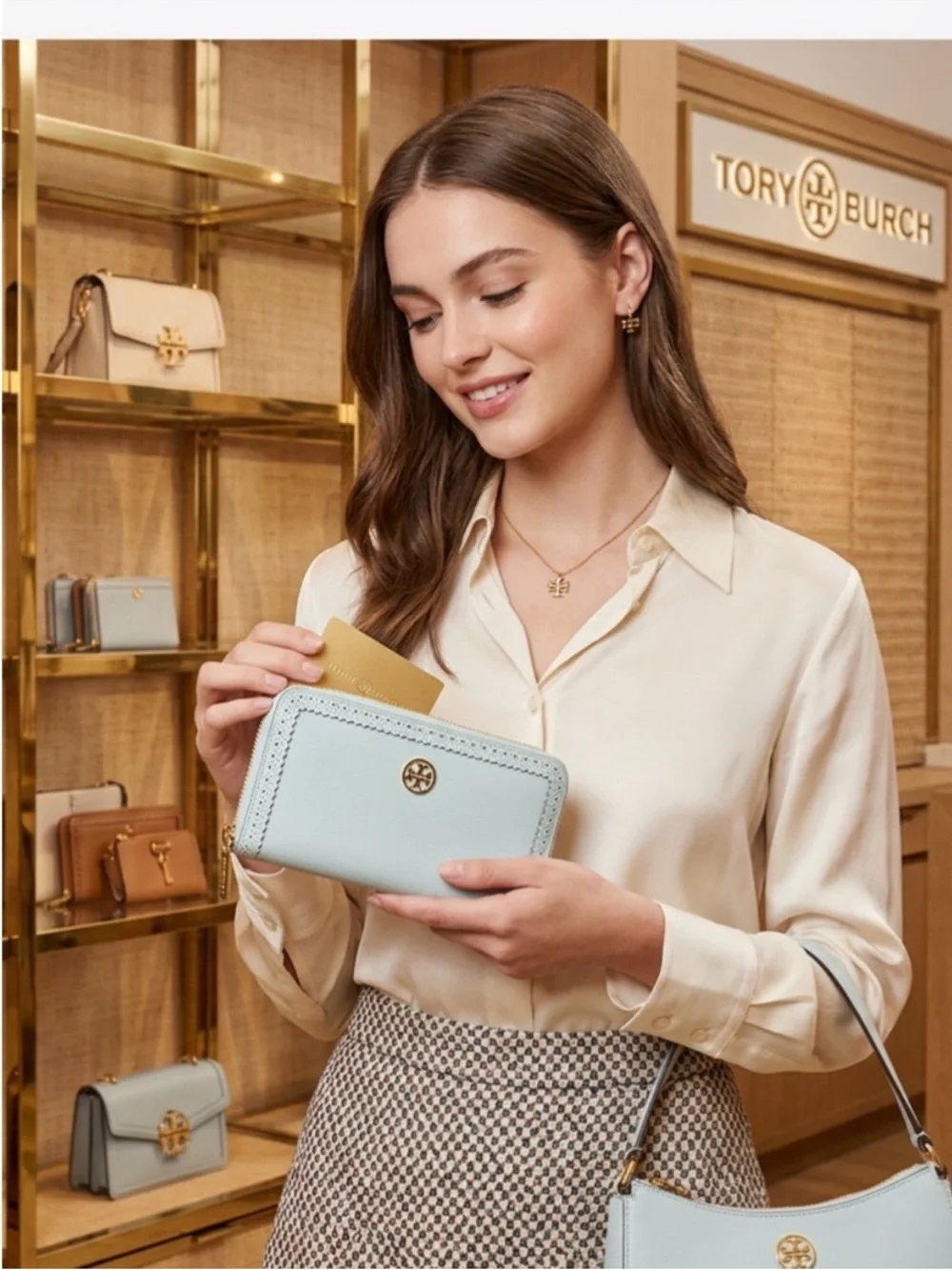 Tory Burch Light Blue Zip Card Case Wallet with Logo